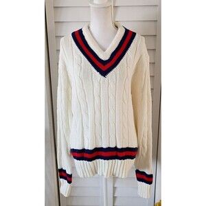 Newitts Men UK Sports Vintage Cable Knit Ivory Preppy Cricket V-Neck Sweater XL